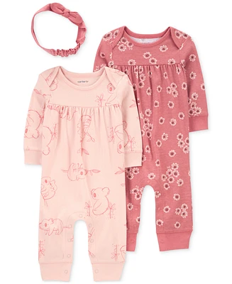 Carter's Baby Girls Pink Floral 3-Piece Jumpsuit and Headband Set