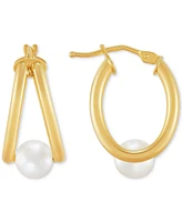 Honora Cultured Freshwater Pearl (6mm) Double Small Hoop Earrings in 14k Gold, 1"