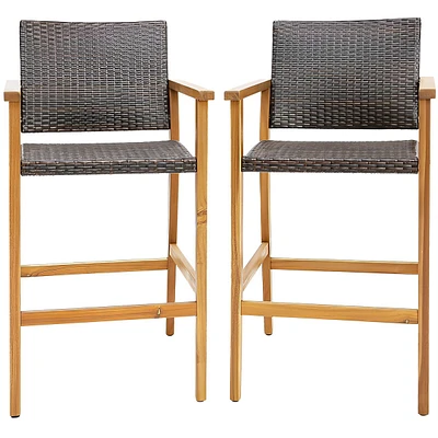 Sugift Set of 2 Pe Wicker Patio Bar Chairs with Acacia Wood Armrests