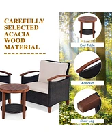 Sugift 3 Pieces Patio Wicker Furniture Set with Washable Cushion and Acacia Wood Tabletop