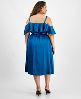 City Studios Plus Ruffled Square-Neck Cold-Shoulder Midi Dress