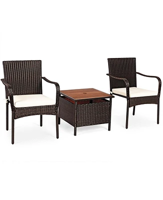 Sugift 3 Pieces Patio Rattan Furniture Bistro Set with Wood Side Table and Stackable Chair