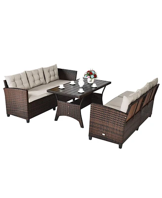Sugift 3 Pieces Hand-Woven Rattan Outdoor Sofa Set with Dining Table