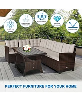 Sugift 3 Pieces Hand-Woven Rattan Outdoor Sofa Set with Dining Table