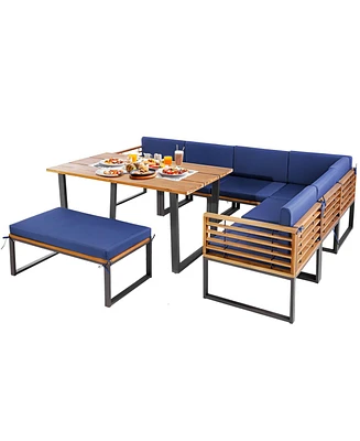Sugift 8 Pieces Patio Acacia Wood Dining Table Set with Ottoman Cushions