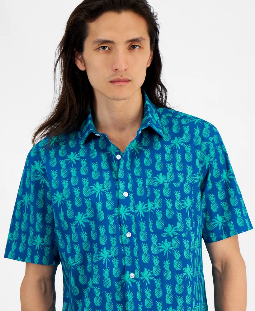 Club Room Men's Pineapple Shade Regular-Fit Stretch Tropical-Print Button-Down Poplin Shirt, Created for Macy's