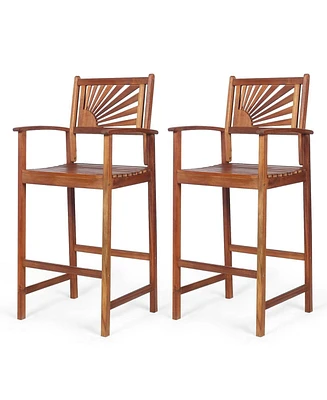 Sugift 2 Pieces Outdoor Acacia Wood Bar Chairs with Sunflower Backrest and Armrests