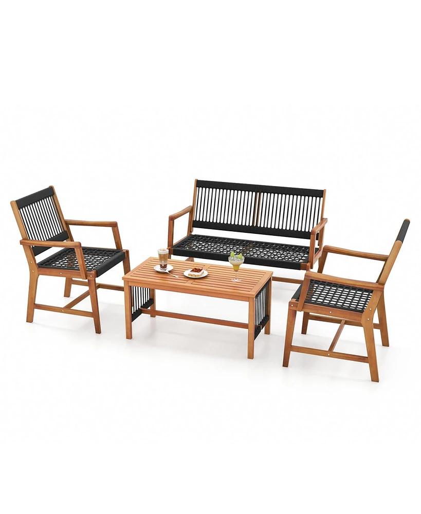 Sugift 4 Pieces Acacia Wood Patio Conversation Table and Chair Set with Hand Woven Rope