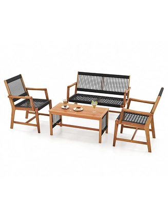 Sugift 4 Pieces Acacia Wood Patio Conversation Table and Chair Set with Hand Woven Rope