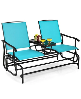 Sugift 2-Person Double Rocking Loveseat with Mesh Fabric and Center Tempered Glass Table