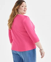 Style & Co Plus Cotton V-Neck 3/4-Sleeve Top, Created for Macy's