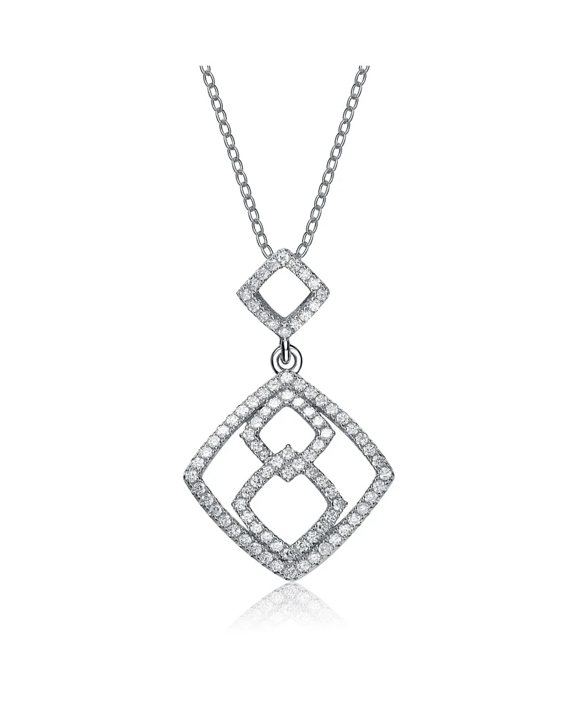 Genevive Sterling Silver White Gold Plated and Cubic Zirconia Hollow Double Square Pendant