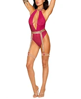Dreamgirl Strech Lace Halter Teddy with Separate Chainmail Garter Belt