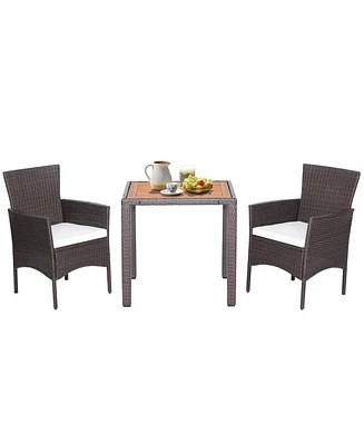 Sugift 3 Pieces Patio Wicker Furniture Set wih Acacia Wood Table Top and Chair Cushiones