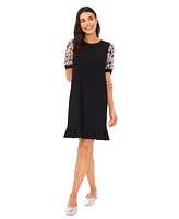 CeCe Women's Mixed Media Sheer Floral Puff Sleeve Knit Dress