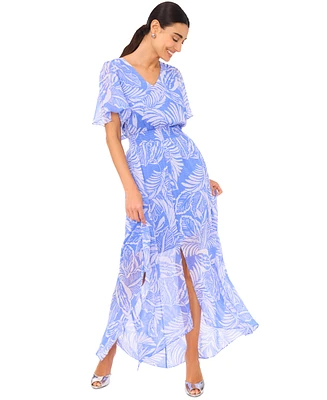 CeCe Women's Tropical-Print Smocked-Waist Flutter-Sleeve Maxi Dress