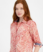 Tommy Hilfiger Women's Cotton Paisley Roll-Tab Shirt