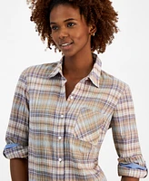 Nautica Jeans Women's Plaid Long-Sleeve Roll-Tab Shirt