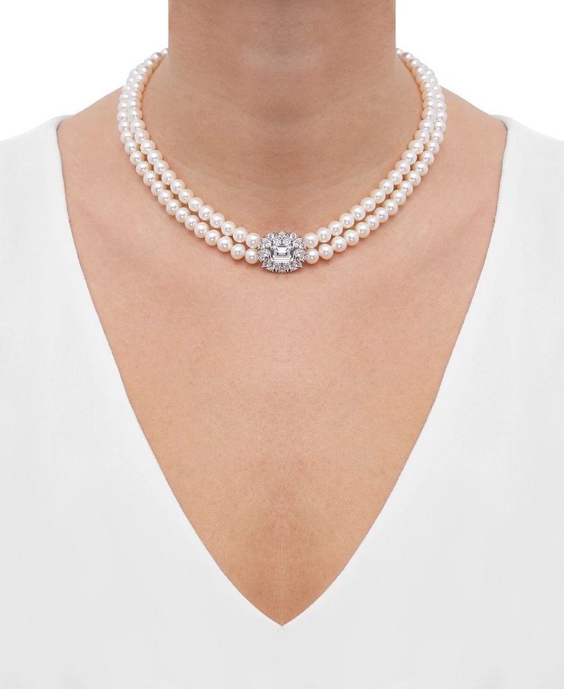 Arabella Freshwater Pearl (5-6mm) & Cubic Zirconia Double Strand 17" Collar Necklace in Sterling Silver