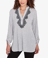 Ruby Rd. Petite Split Neck Embroidered Puckered Stripe Top