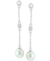 Effy Freshwater Pearl (7mm) & White Topaz (1/5 ct. t.w.) Linear Drop Earrings in Sterling Silver