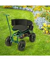 Slickblue Rolling Garden Cart with Height Adjustable Swivel Seat and Storage Basket-Black