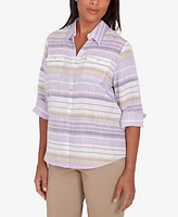 Alfred Dunner Charm School Women's Horizontal Stripe Button Down Top