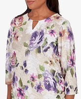 Alfred Dunner Charm School Women's Embellished Keyhole Floral Textured Top