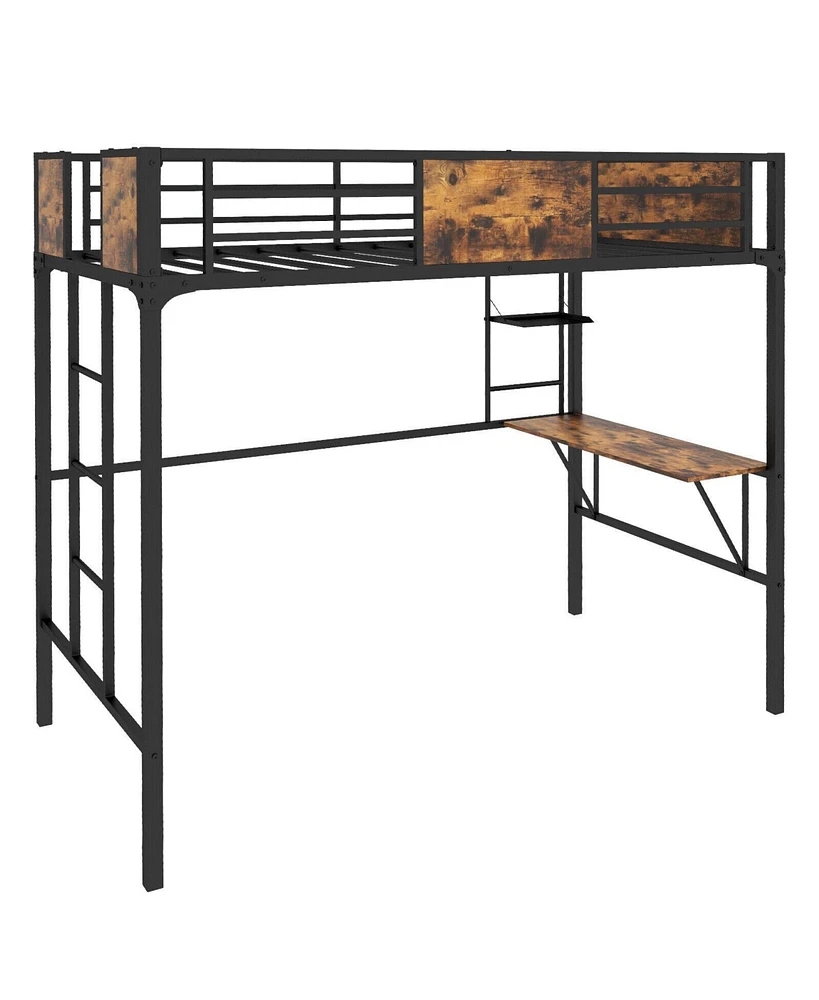 Slickblue Industrial Metal Loft Bed with Desk Storage Shelf and Build-in Ladder