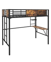 Slickblue Industrial Metal Loft Bed with Desk Storage Shelf and Build-in Ladder