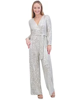 Eliza J Sequin Wrap Front Long Sleeve Jumpsuit