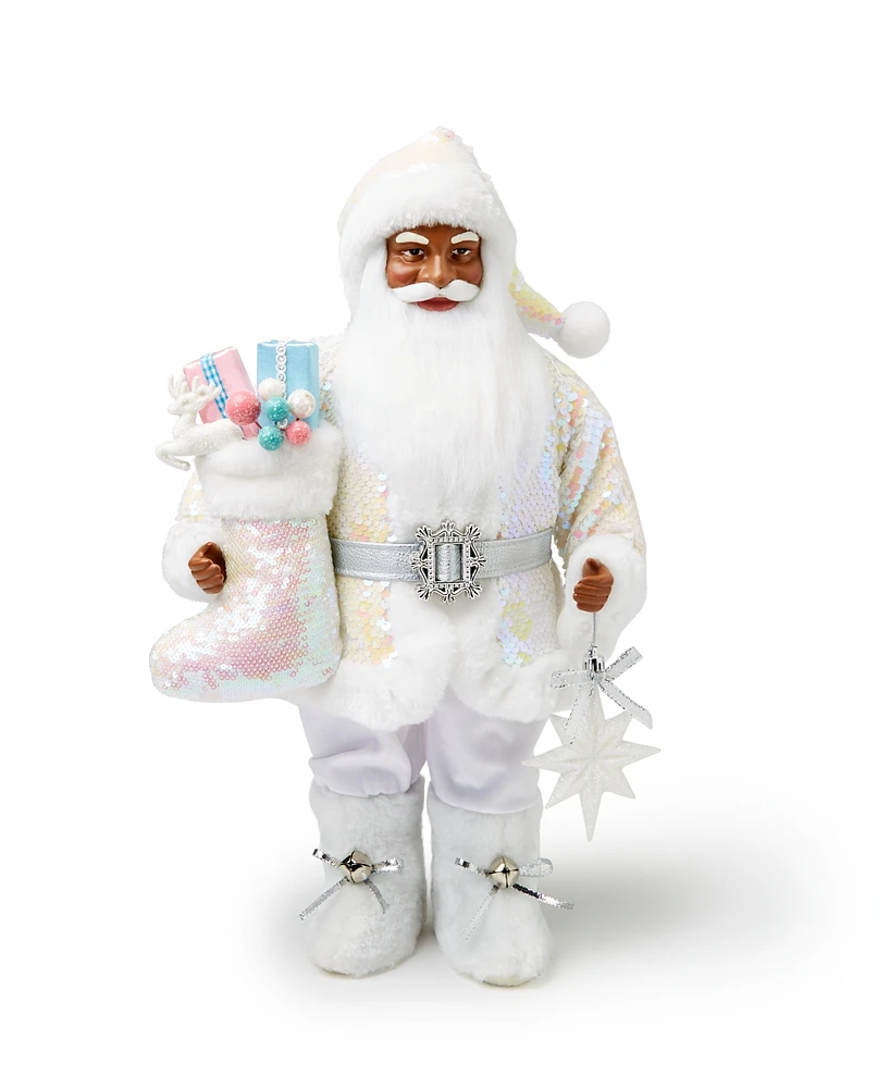 Holiday Lane Sugar Plum 18" Standing African American Santa in Blue & Pink Holding Stocking & Bear