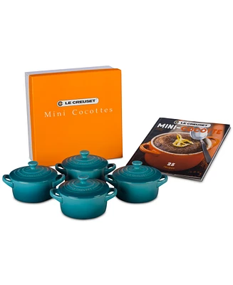 Le Creuset Set of 4 Mini Round Stoneware Cocottes with Recipe Booklet