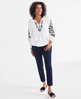 Style & Co Women's Split-Neck Long-Sleeve Embroidery Peasant Blouse, Created for Macy's