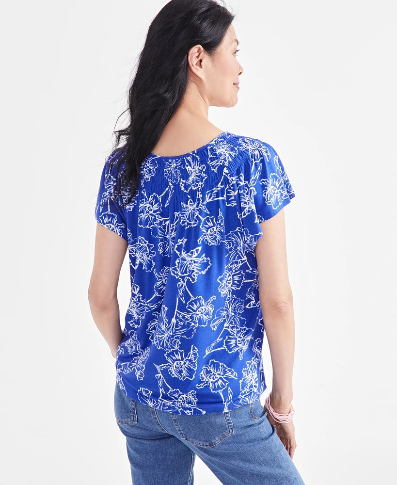 Style & Co Women's Printed Smocked-Neck Knit Top, Created for Macy's