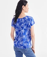 Style & Co Petite Iris Dreams Printed Smocked-Neck Flutter-Sleeve Top, Created for Macy's