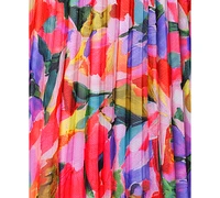 Betsy & Adam Plus Printed Pleated Long-Sleeve Gown