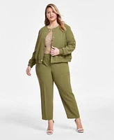 Anne Klein Plus Size Twill Collarless Snap Front Bomber Jacket Sequined Mesh Short Sleeve Top High Rise Fly Front Ankle Pants