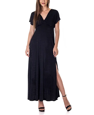24seven Comfort Apparel Flutter Sleeve Metallic Knit Maxi Dress