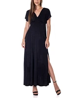 24seven Comfort Apparel Flutter Sleeve Metallic Knit Maxi Dress