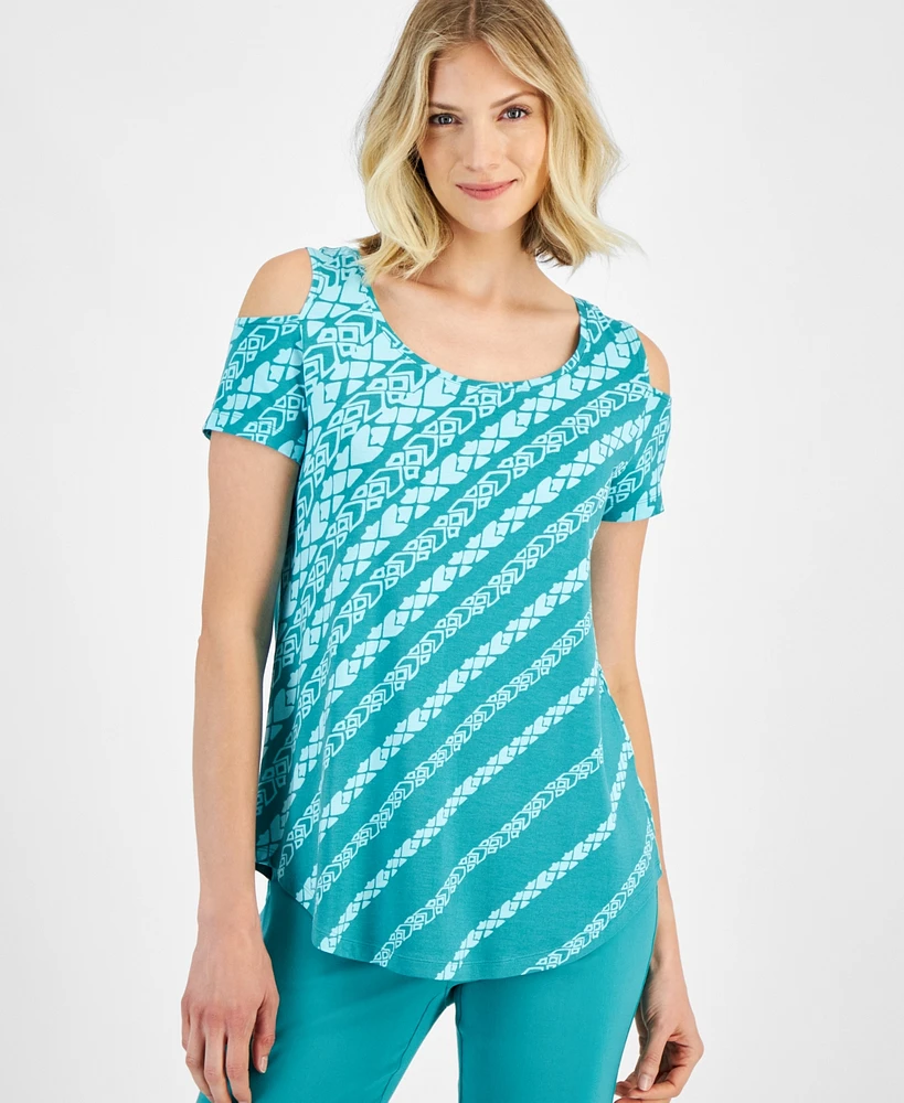 Jm Collection Women's Printed Cold Shoulder Short-Sleeve Top, Created for Macy's