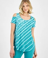 Jm Collection Women's Printed Cold Shoulder Short-Sleeve Top, Created for Macy's