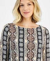 Jm Collection Women's Printed 3/4-Sleeve Swing Top, Created for Macy's