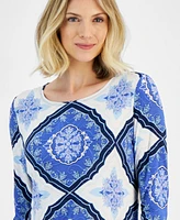 Jm Collection Women's Printed Scoop Neck 3/4-Sleeve Top, Created for Macy's