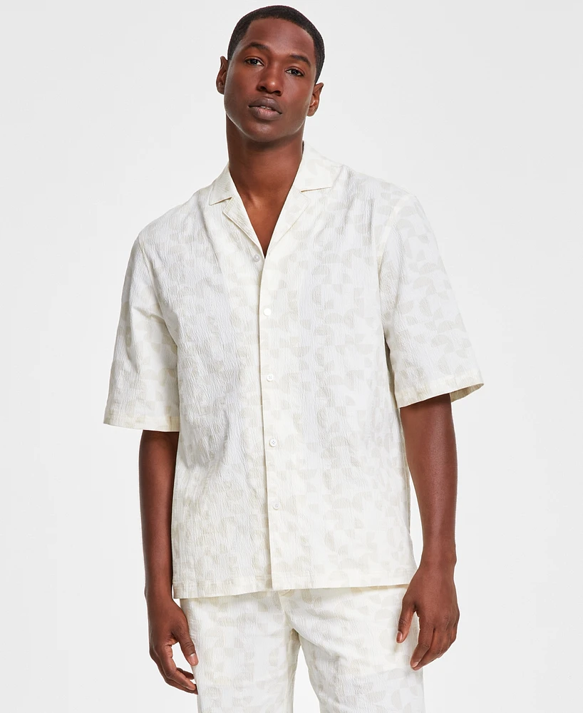 Alfani Men's Grand Regular-Fit Geo-Print Button-Down Seersucker Camp Shirt, Created for Macy's