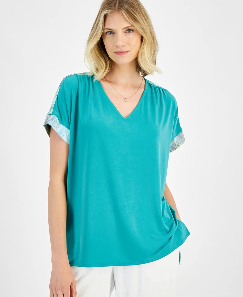 Jm Collection Women's Mixed-Media Short Sleeve Top, Created for Macy's