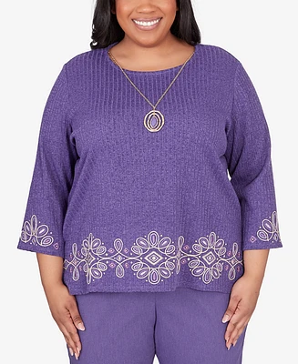 Alfred Dunner Plus Charm School Embroidered Medallion Top with Necklace