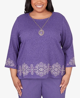 Alfred Dunner Plus Size Charm School Embroidered Medallion Top with Necklace