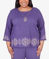 Alfred Dunner Plus Charm School Embroidered Medallion Top with Necklace