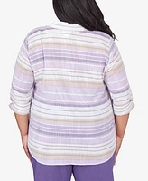 Alfred Dunner Plus Charm School Horizontal Stripe Button Down Top